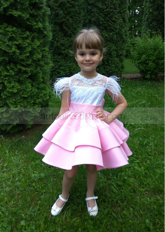 Pink Feather Sleeves Popular Flower Girl Dress